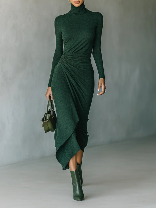 Lenora ∙ Dark green pleated high-neck asymmetric wrap midi dress