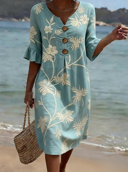 Abito Chic in Lino e Cotone con Ricamo Floreale Artigianale - Il tuo Capo Estivo Essenziale