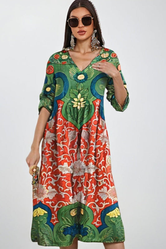 Abito Lungo Donna Boho | Scollo a V, Maniche Lunghe e Fantasia Floreale Multicolore