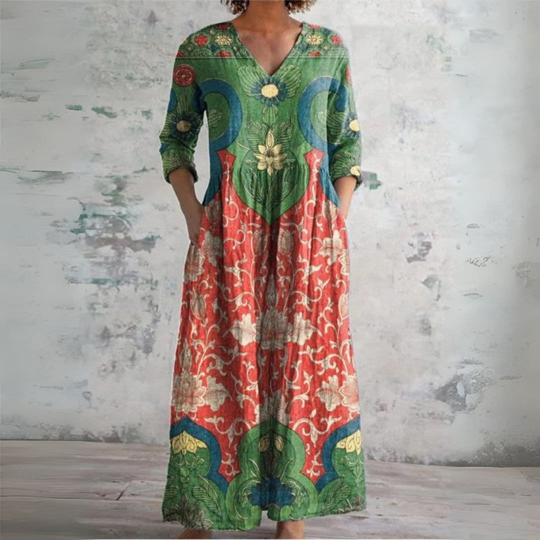 Abito Lungo Donna Boho | Scollo a V, Maniche Lunghe e Fantasia Floreale Multicolore