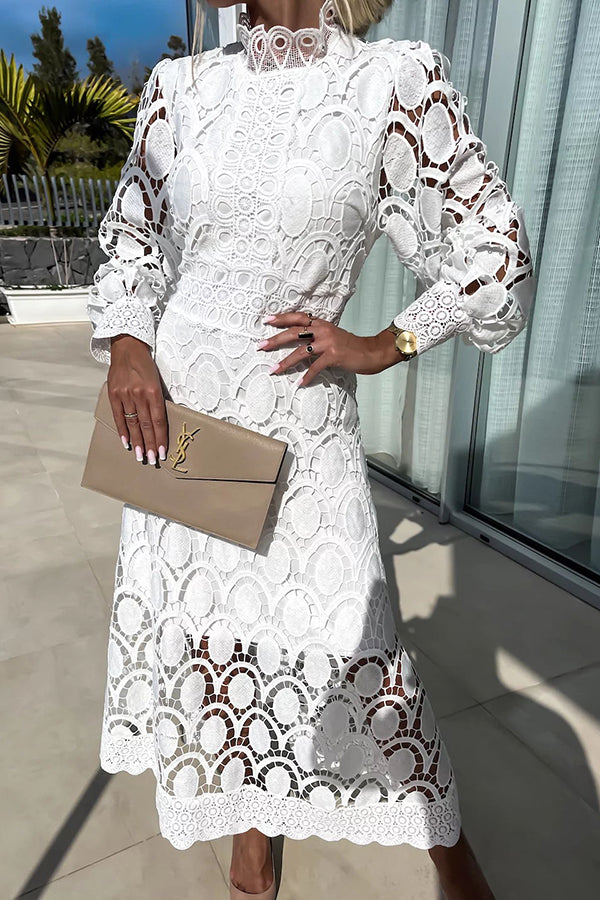 Melody - Elegante Abito Midi in Pizzo Collo Alto &amp; Maniche a Sbuffo 