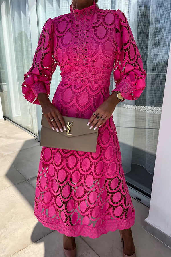 Melody - Elegante Abito Midi in Pizzo Collo Alto &amp; Maniche a Sbuffo 