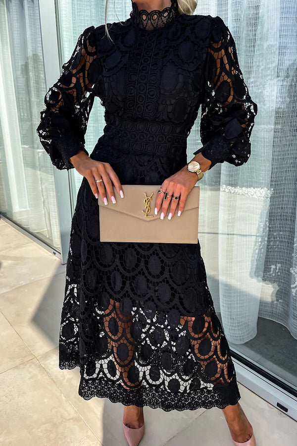 Melody - Elegante Abito Midi in Pizzo Collo Alto &amp; Maniche a Sbuffo 