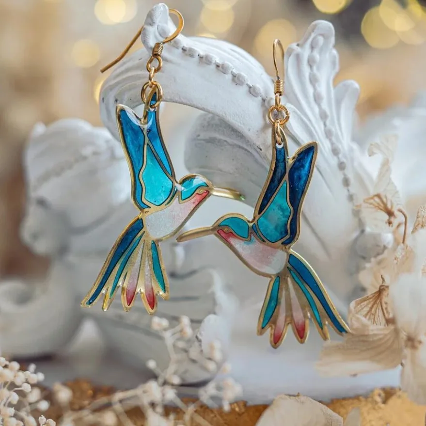 Gold and Blue Enamel Hummingbird Drop Earrings