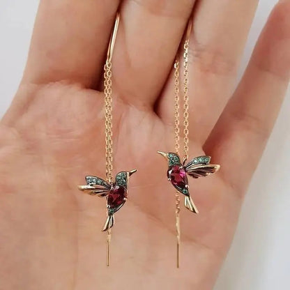 Hummingbird Gold and Crystal Threader Earrings